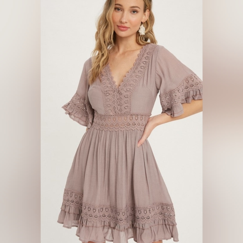 Elegant Mauve Lace Trim Dress By Bluivy